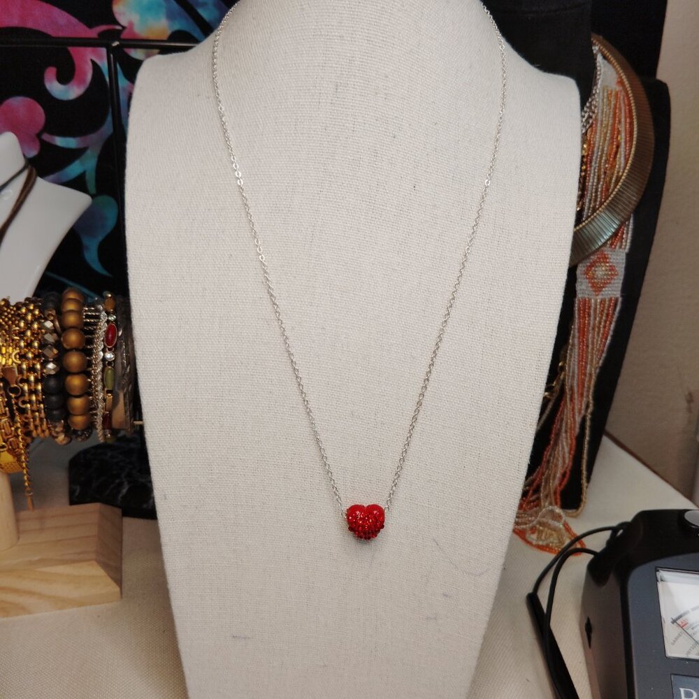 Silver Tone Red Heart Necklace with Faceted Crystals, 18" Chain with Extender